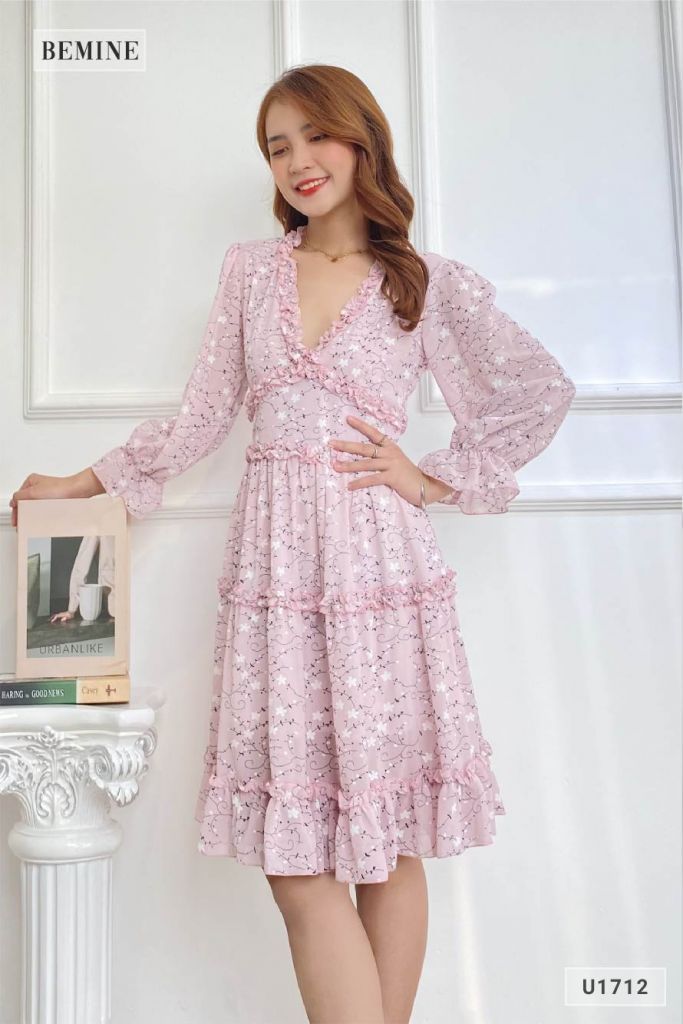 U1712TIM - Đầm Voan dài tay cổ bèo