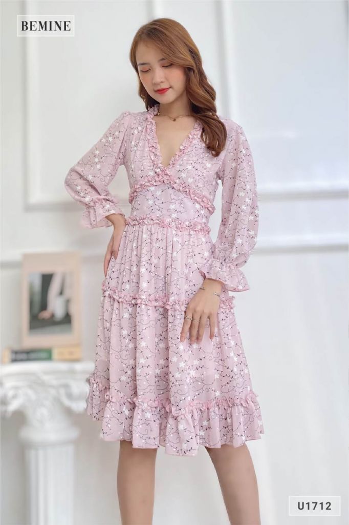 U1712TIM - Đầm Voan dài tay cổ bèo