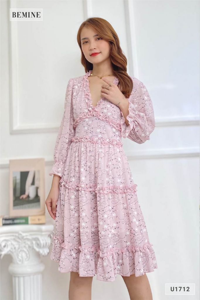 U1712TIM - Đầm Voan dài tay cổ bèo