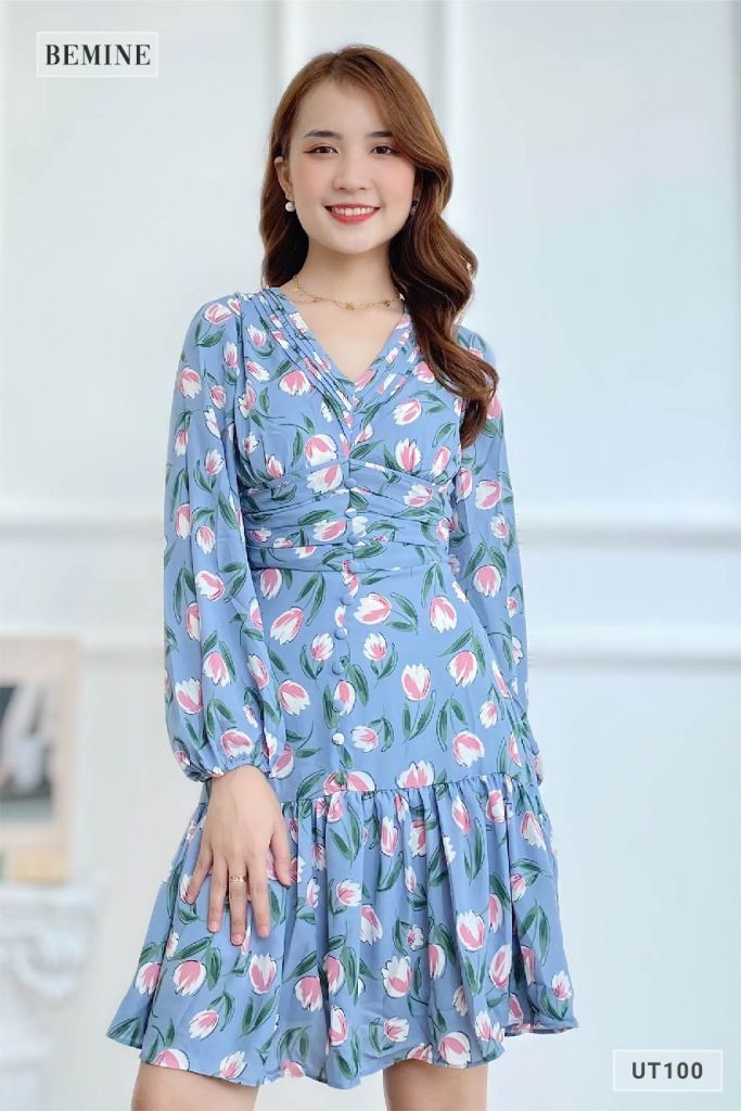 UT100XANH - Đầm bông nhún ngực dài tay