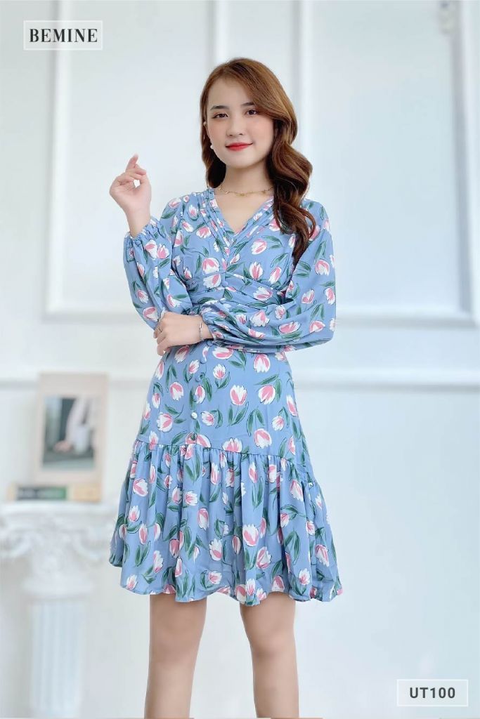 UT100XANH - Đầm bông nhún ngực dài tay