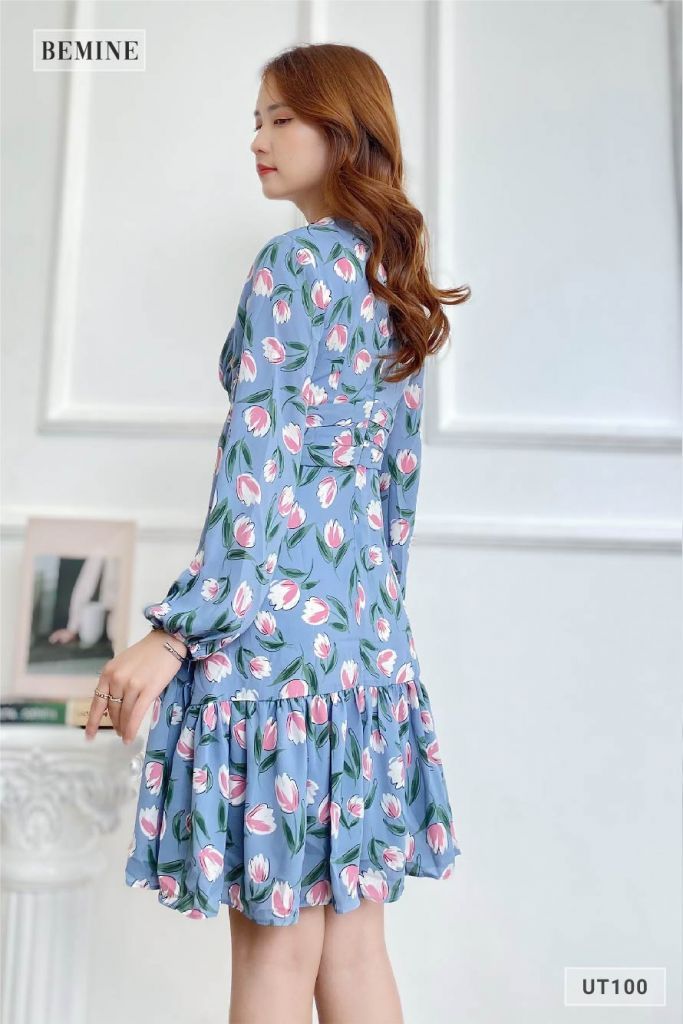 UT100XANH - Đầm bông nhún ngực dài tay