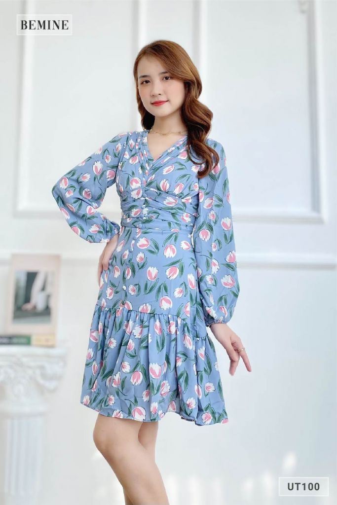 UT100XANH - Đầm bông nhún ngực dài tay