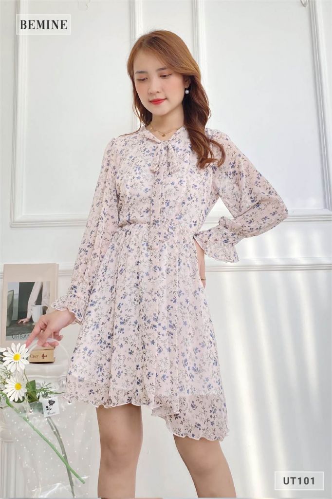 UT101KEM - Đầm bông cổ đắp chéo dài tay