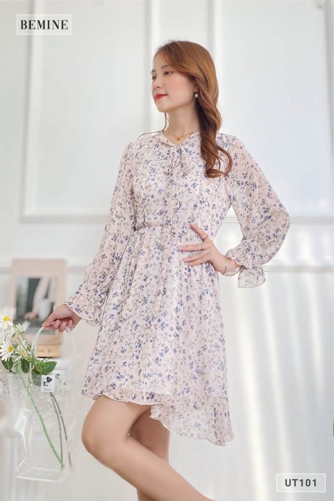 UT101KEM - Đầm bông cổ đắp chéo dài tay