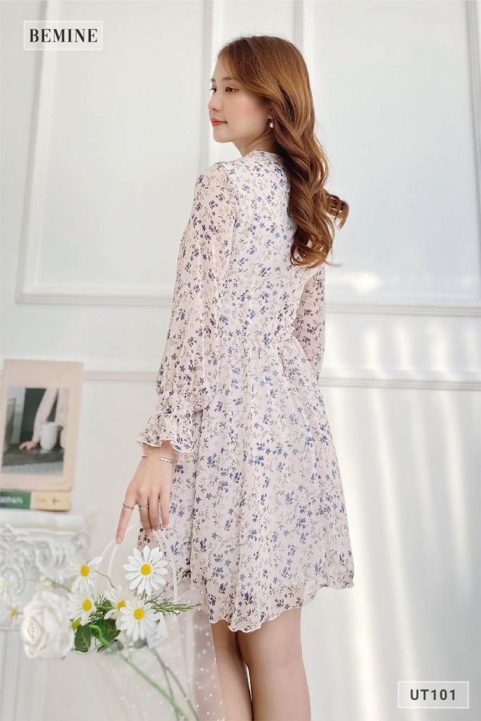 UT101KEM - Đầm bông cổ đắp chéo dài tay