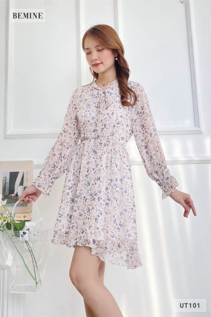UT101KEM - Đầm bông cổ đắp chéo dài tay
