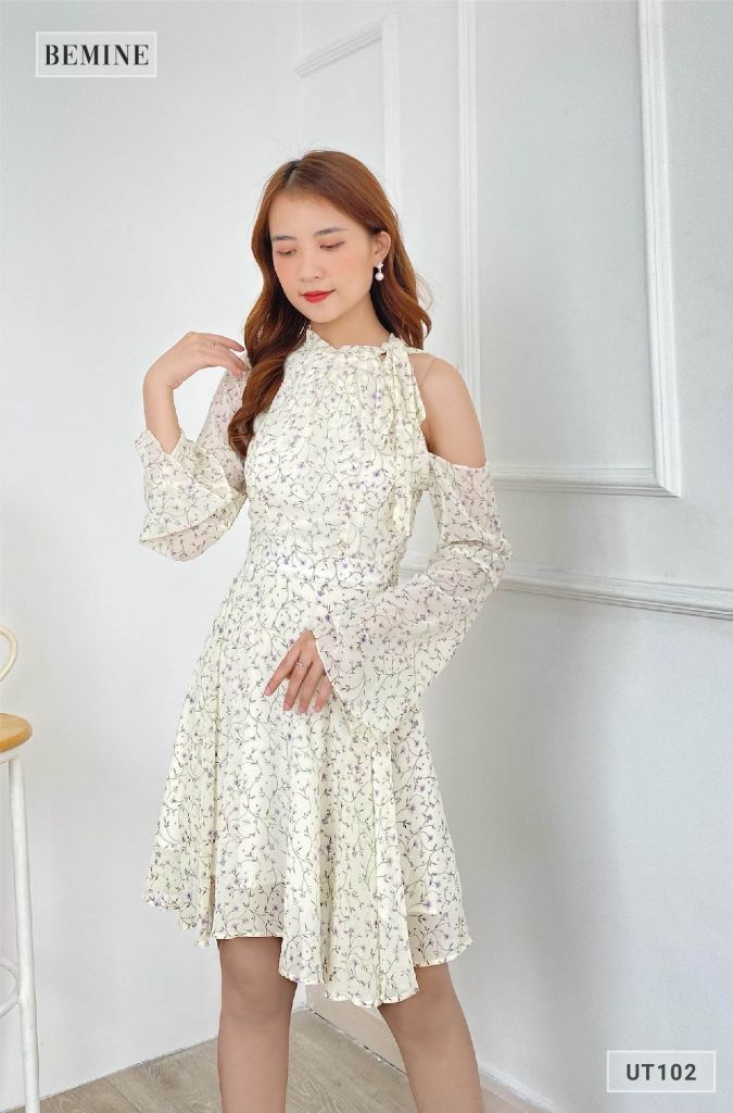 UT102DA - Đầm hoa nhí lệch vai