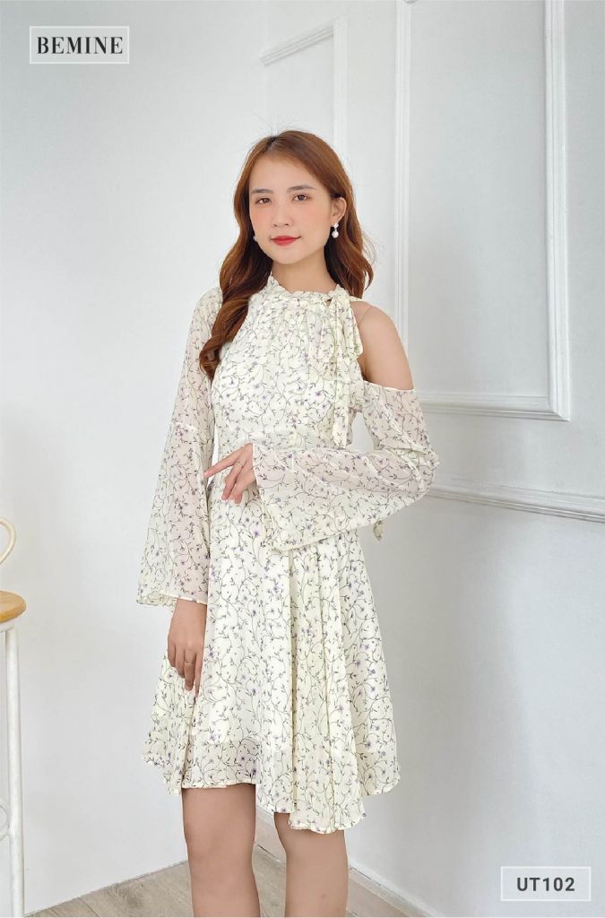 UT102DA - Đầm hoa nhí lệch vai