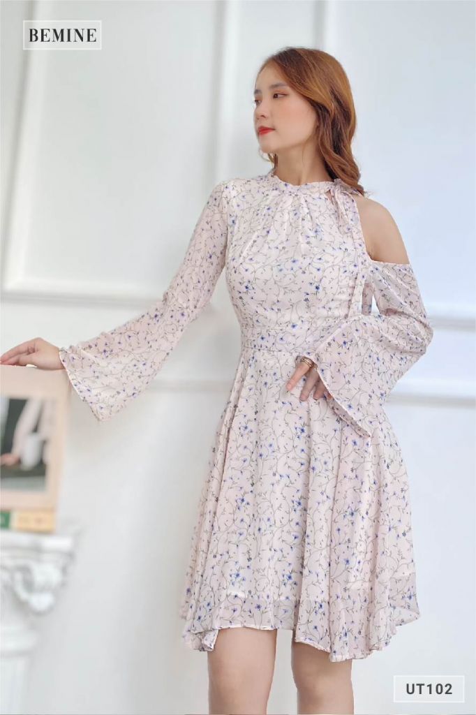 UT102KEM - Đầm hoa nhí lệch vai