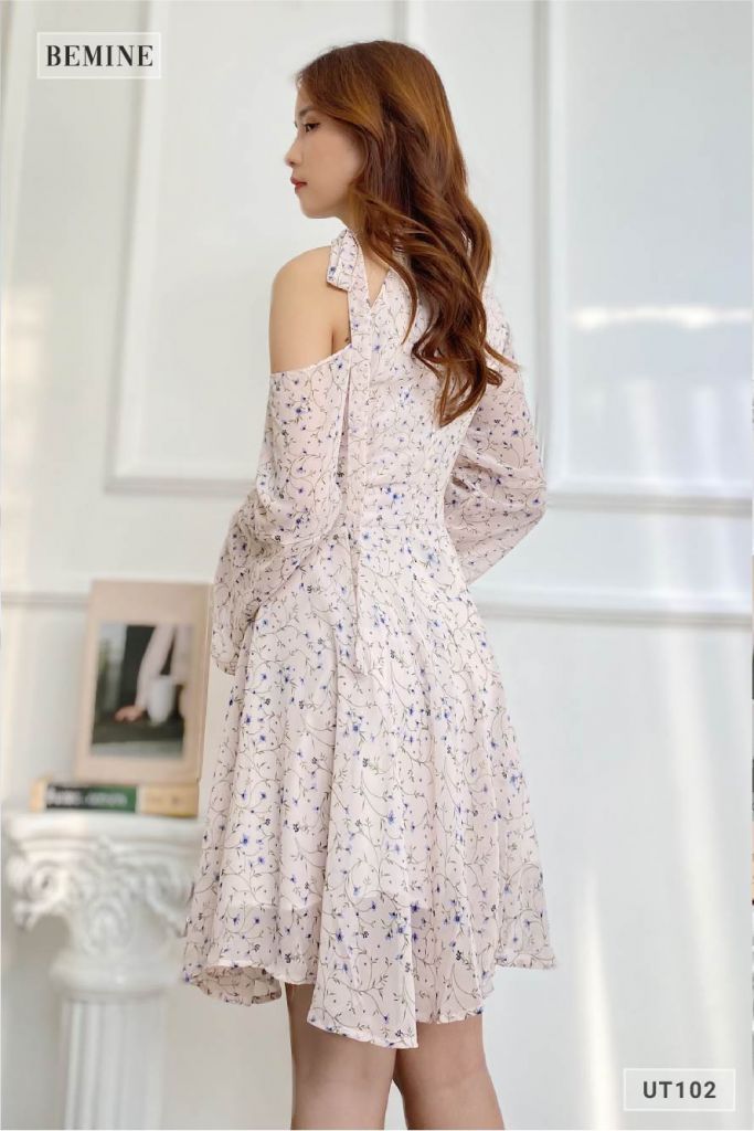 UT102KEM - Đầm hoa nhí lệch vai