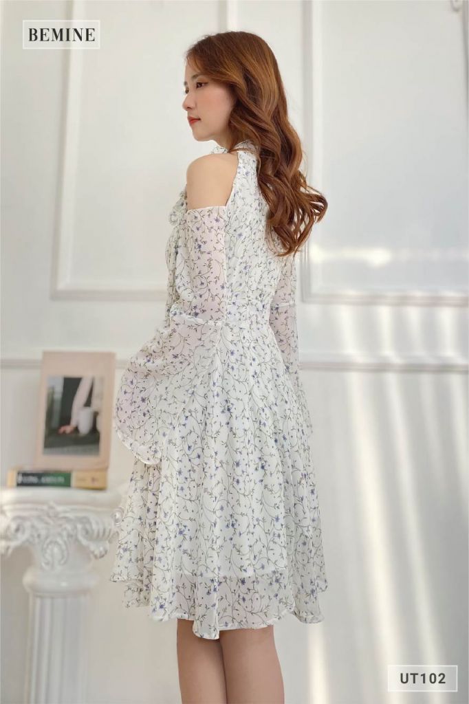UT102TRANG - Đầm hoa nhí lệch vai