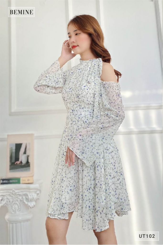 UT102TRANG - Đầm hoa nhí lệch vai