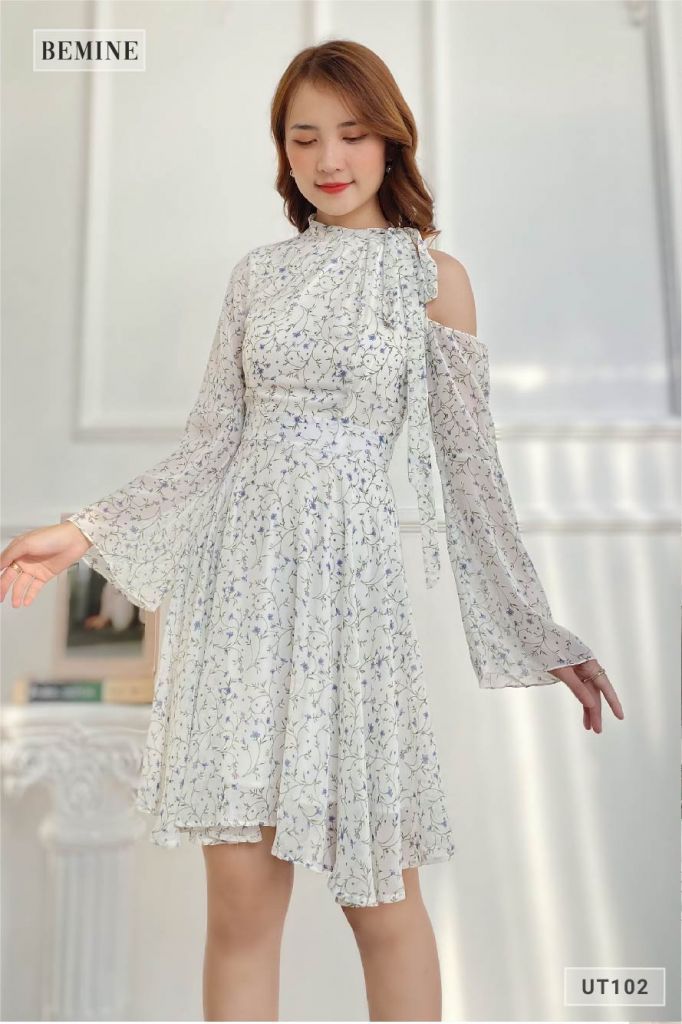 UT102TRANG - Đầm hoa nhí lệch vai