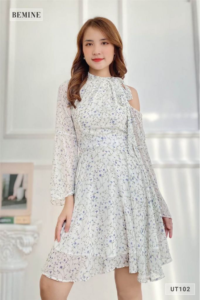 UT102TRANG - Đầm hoa nhí lệch vai