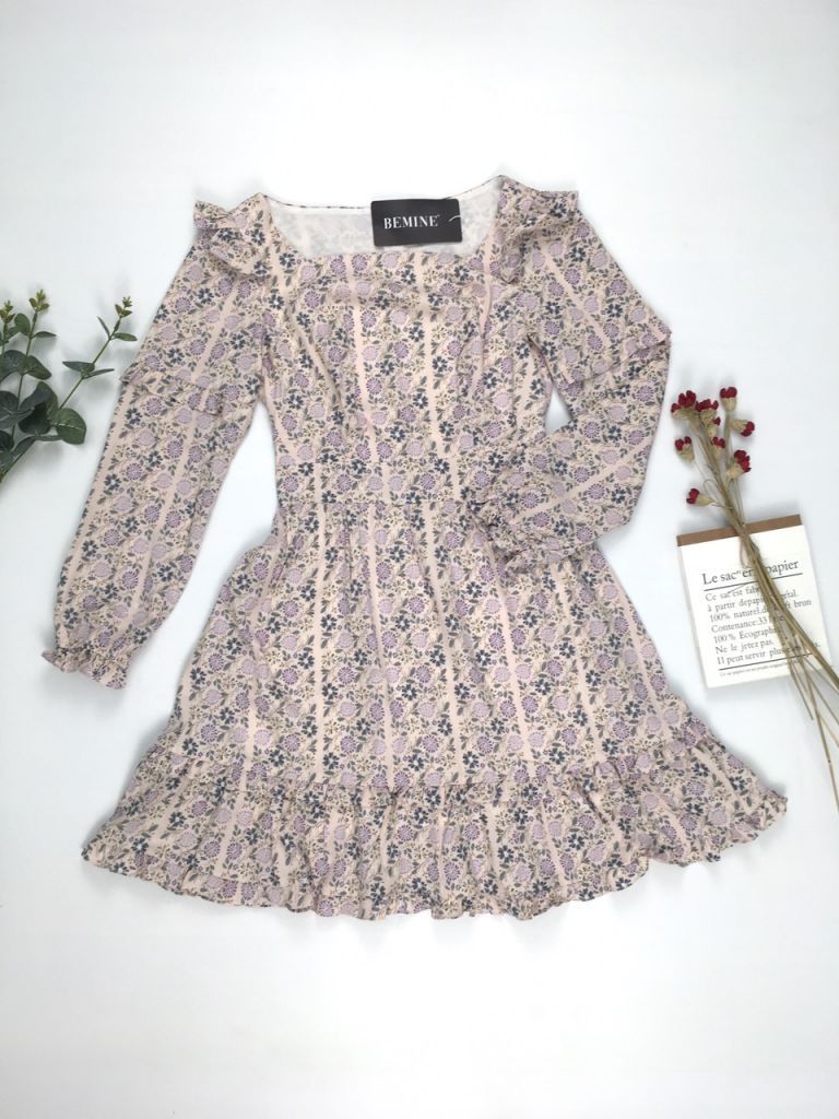 UT104KEM - Đầm hoa sọc cổ vuông