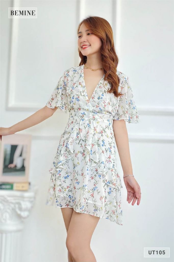 UT105TRANG - Đầm hoa cổ đắp cột eo