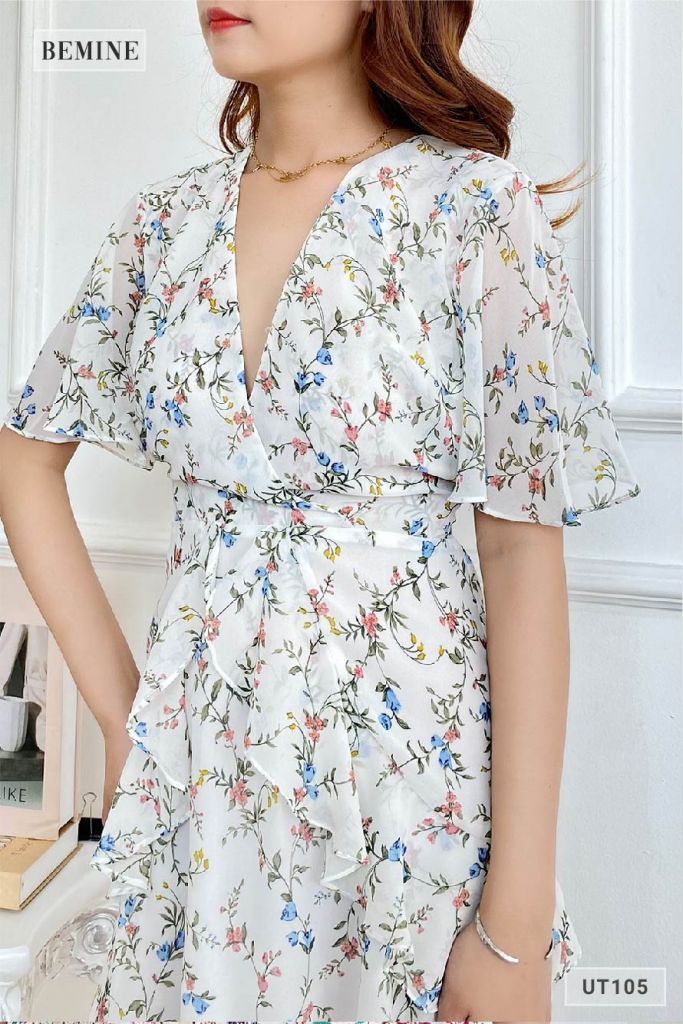 UT105TRANG - Đầm hoa cổ đắp cột eo