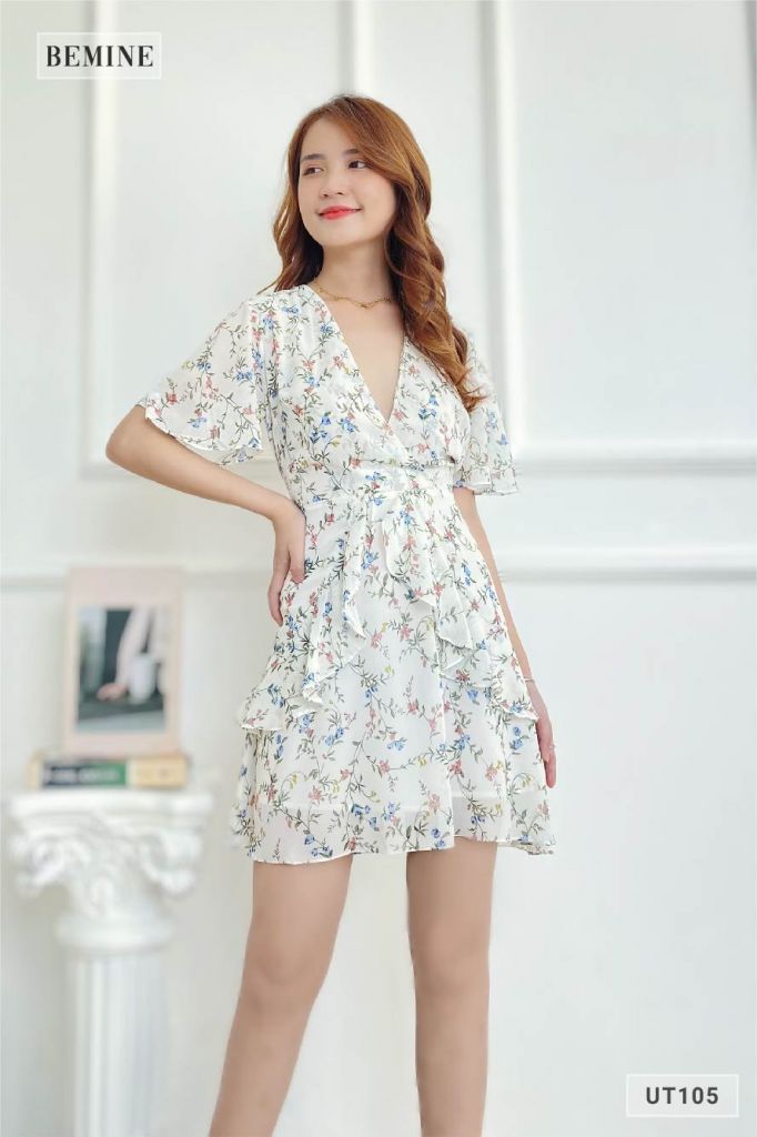 UT105TRANG - Đầm hoa cổ đắp cột eo