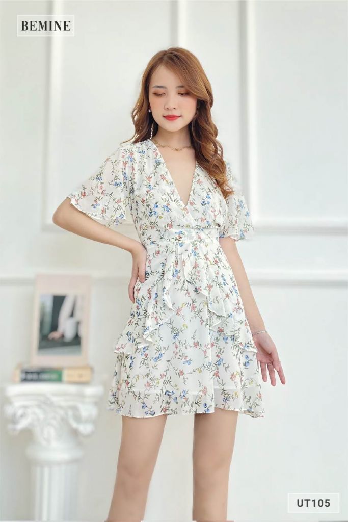 UT105TRANG - Đầm hoa cổ đắp cột eo