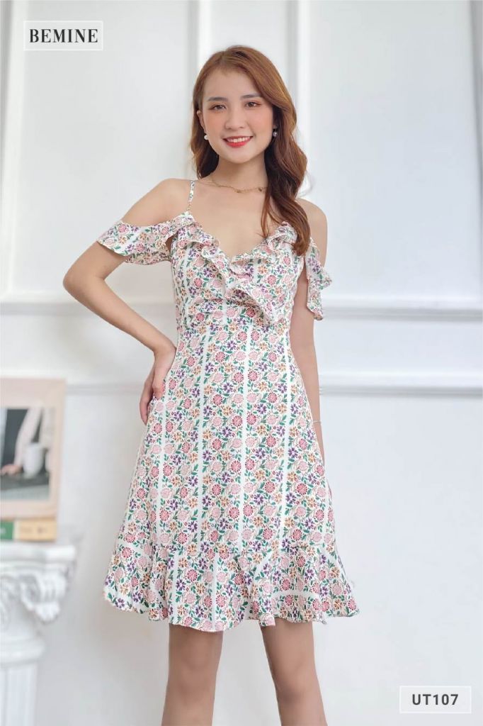UT107HONG - Đầm hoa kẻ sọc 2 dây