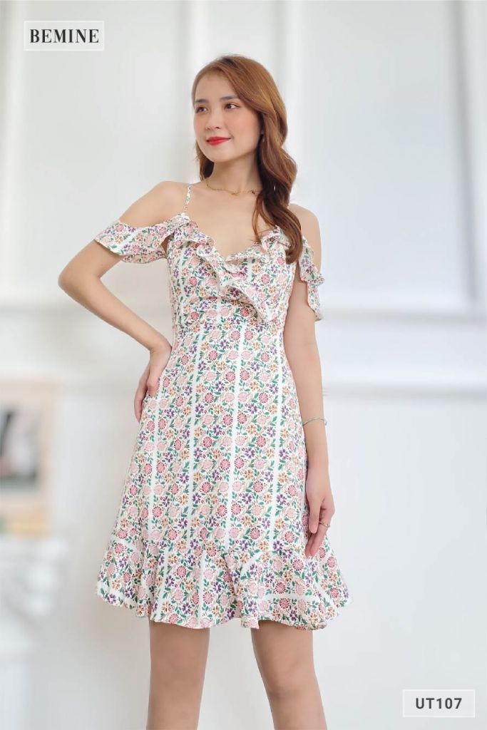 UT107HONG - Đầm hoa kẻ sọc 2 dây
