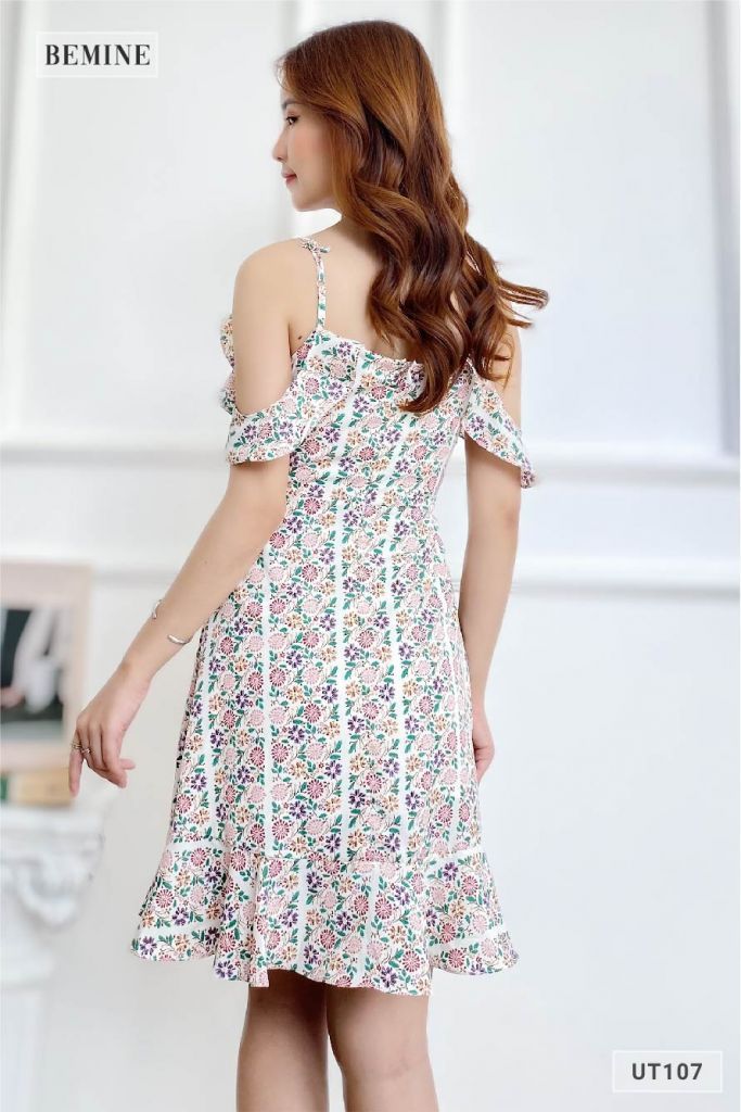 UT107HONG - Đầm hoa kẻ sọc 2 dây