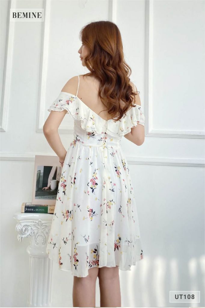 UT108TRANG - Đầm hoa 2 dây mút ngực