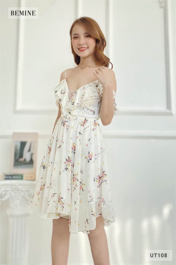 UT108TRANG - Đầm hoa 2 dây mút ngực
