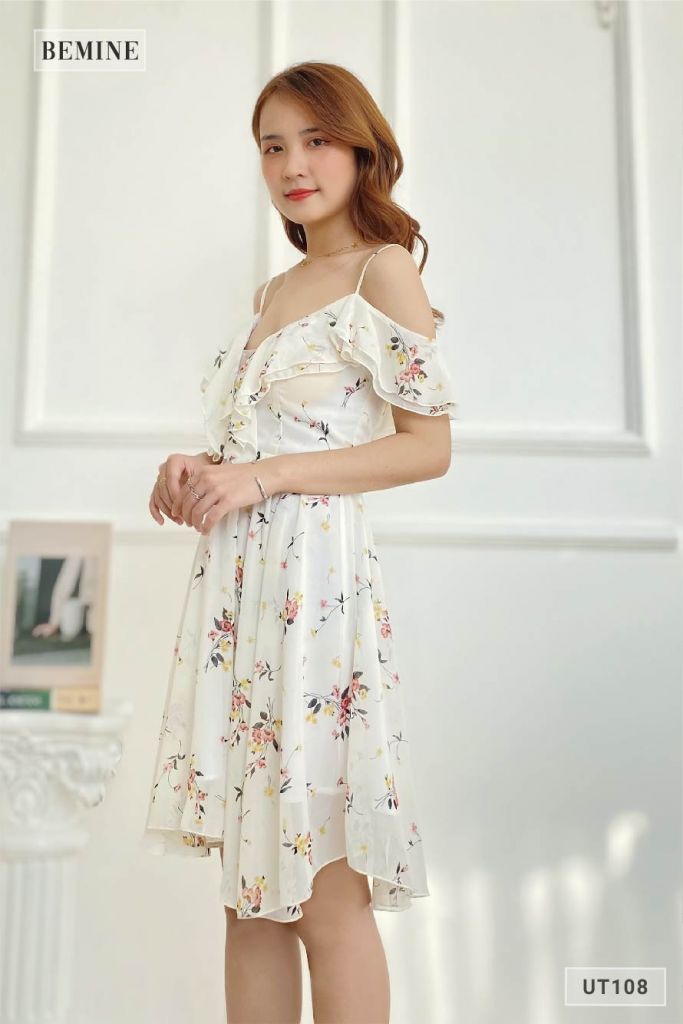 UT108TRANG - Đầm hoa 2 dây mút ngực