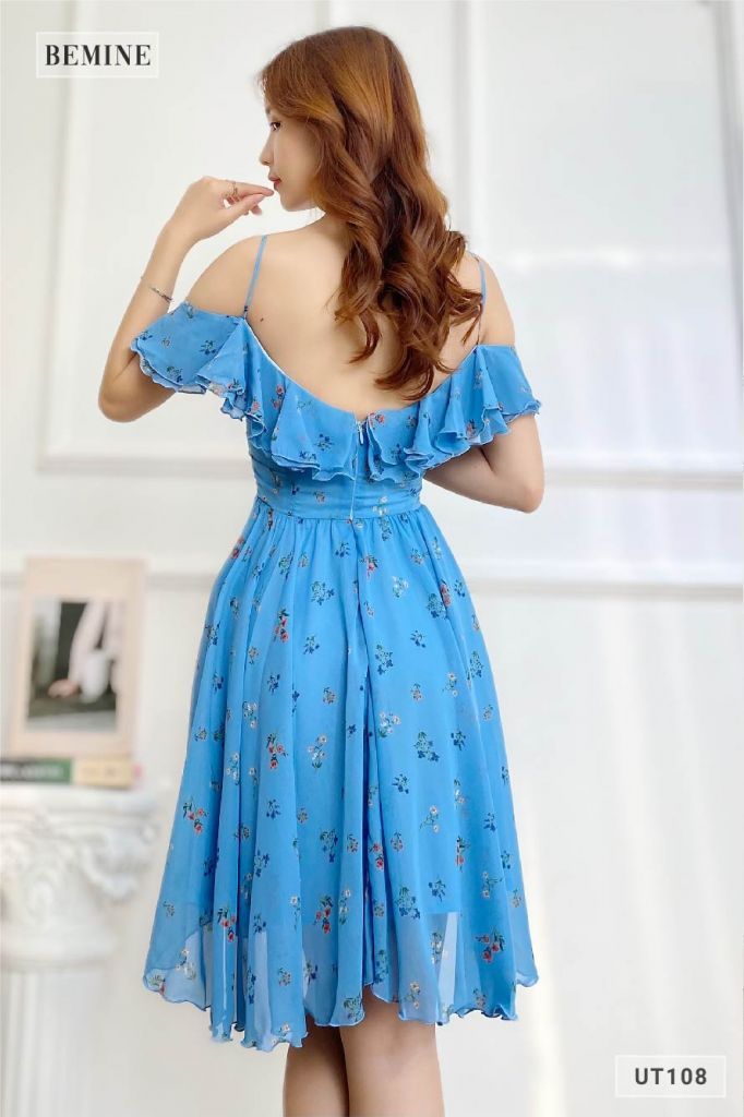 UT108XANH - Đầm hoa 2 dây mút ngực