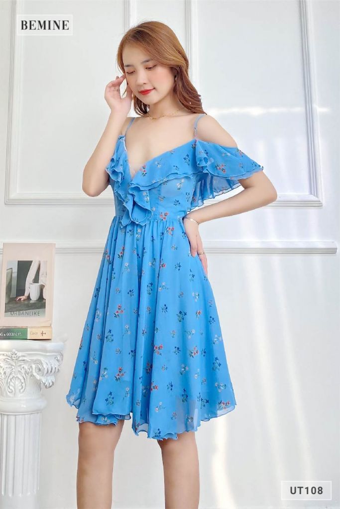 UT108XANH - Đầm hoa 2 dây mút ngực