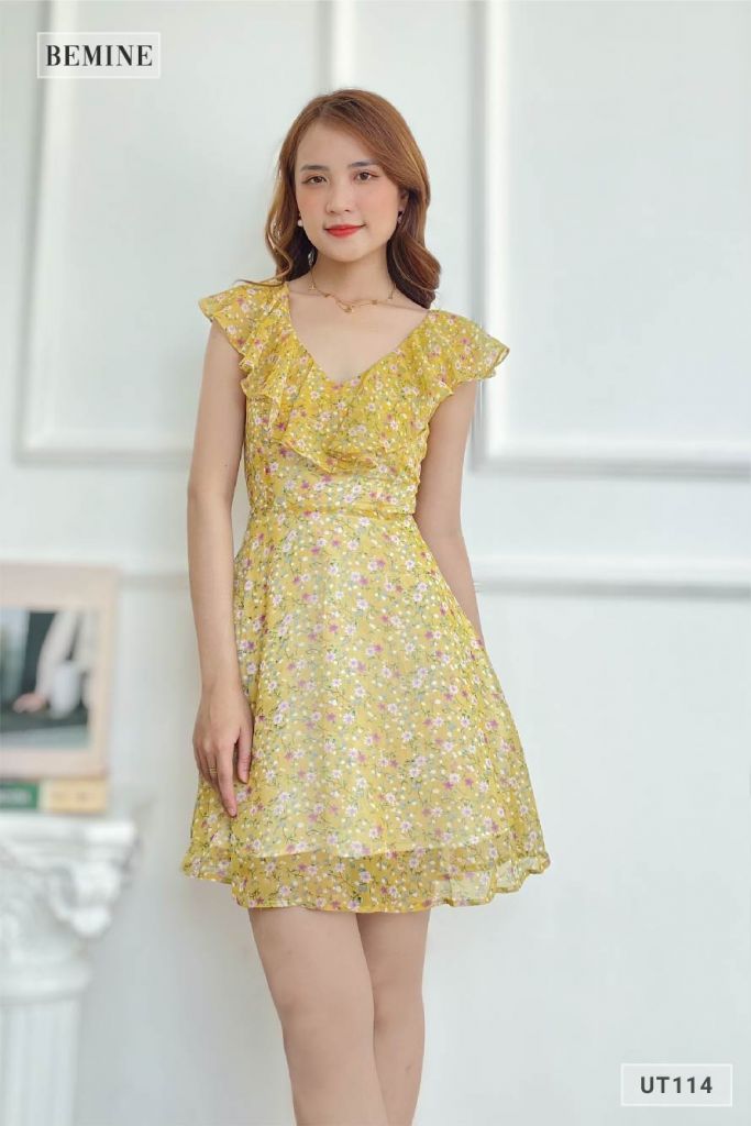 UT114VANG - Đầm hoa bèo cổ
