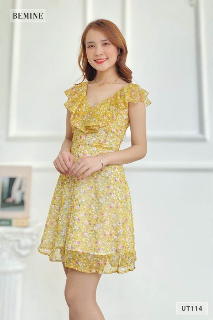 UT114VANG - Đầm hoa bèo cổ