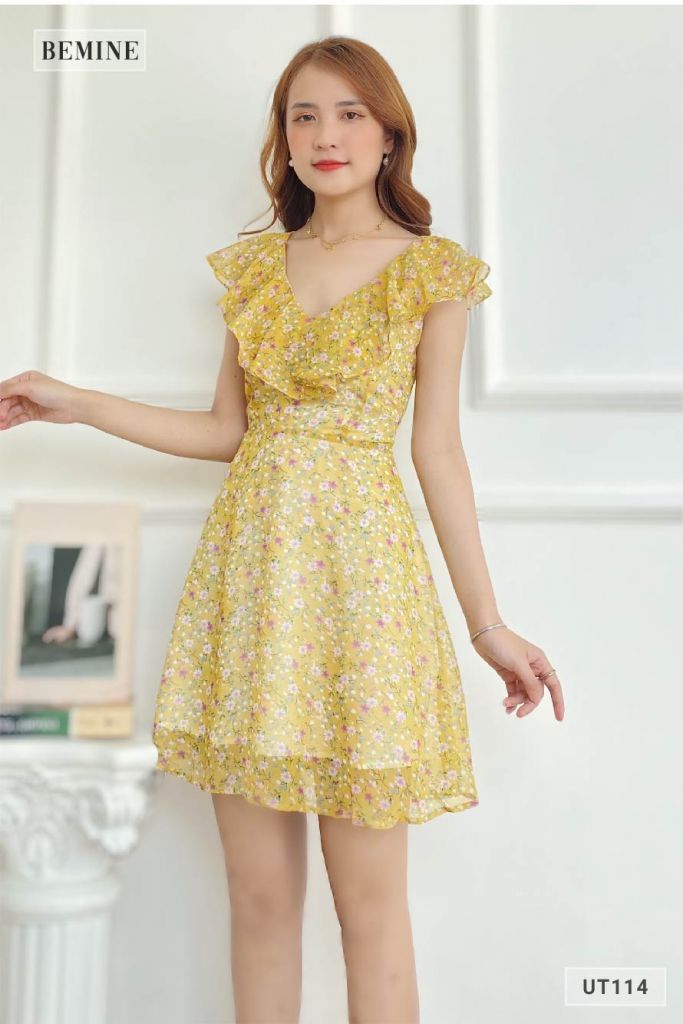 UT114VANG - Đầm hoa bèo cổ