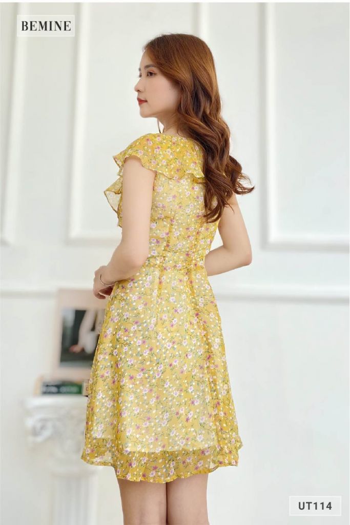 UT114VANG - Đầm hoa bèo cổ