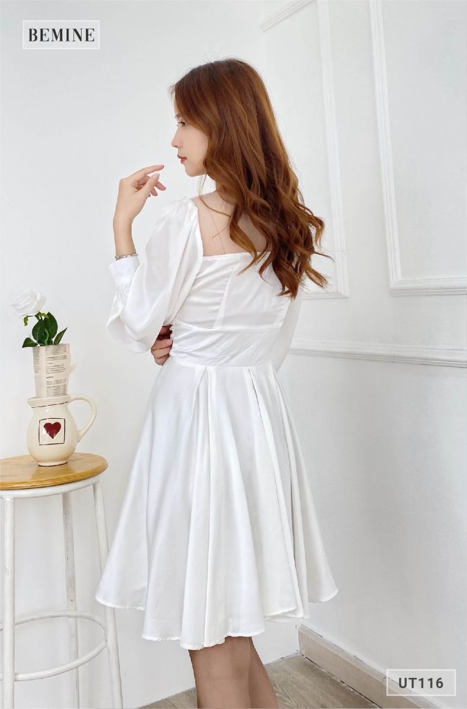 UT116TRANG - Đầm lưới cổ bướm thêu