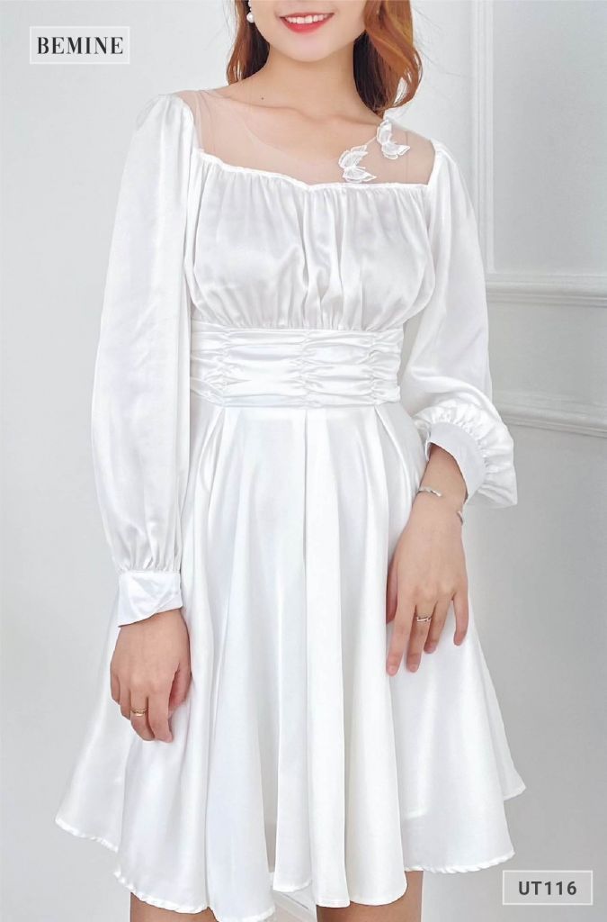 UT116TRANG - Đầm lưới cổ bướm thêu