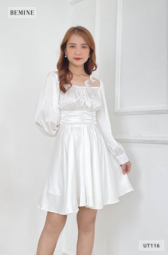 UT116TRANG - Đầm lưới cổ bướm thêu