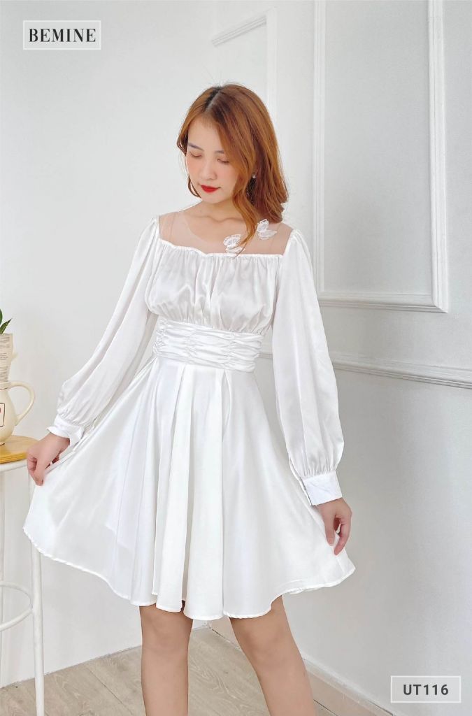 UT116TRANG - Đầm lưới cổ bướm thêu
