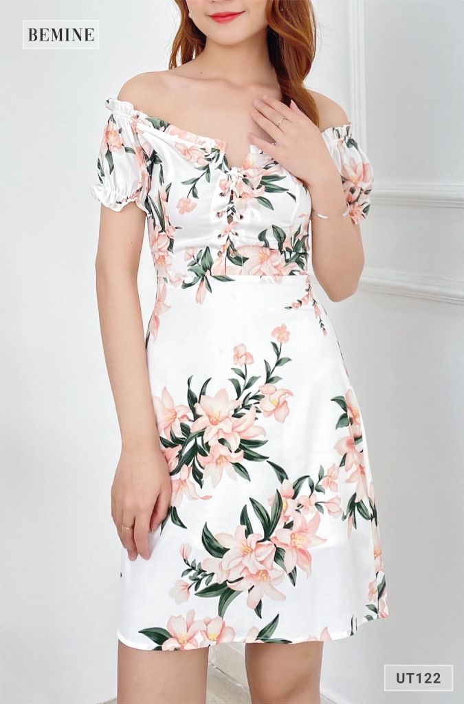UT122TRANG - Đầm hoa trắng ngực đan dây