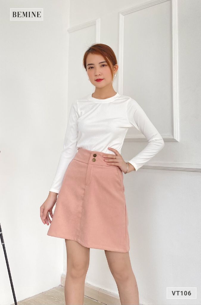 VT106HONG - Chân váy nhung 2 nút