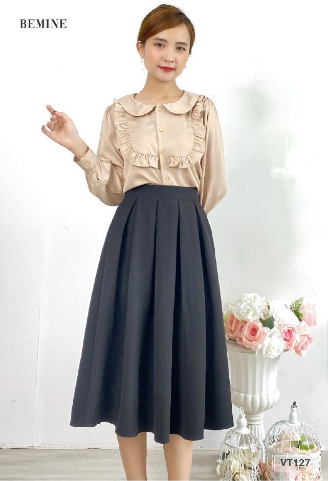 VT127DEN - Chân váy dài xếp ly đều
