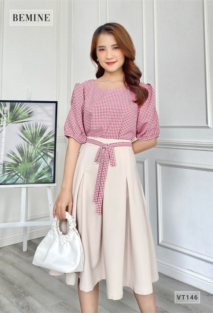 VT146DAPHOIDO- Chân váy xòe xếp ly nơ eo