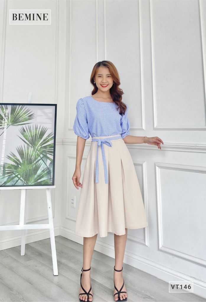 VT146DAPHOIXANH- Chân váy xòe xếp ly nơ eo