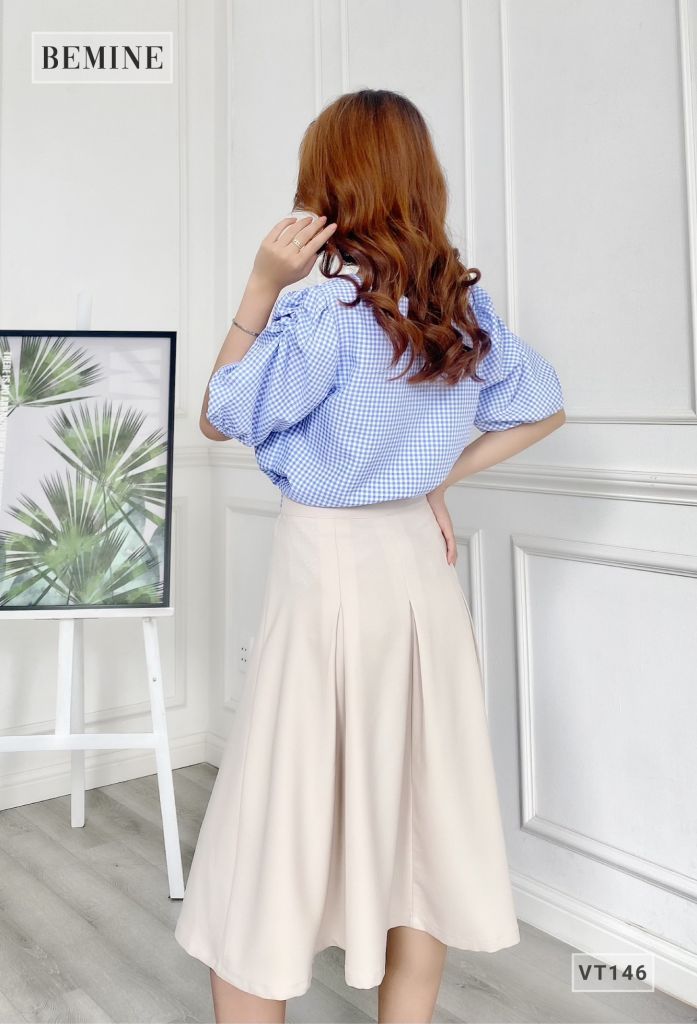 VT146DAPHOIXANH- Chân váy xòe xếp ly nơ eo