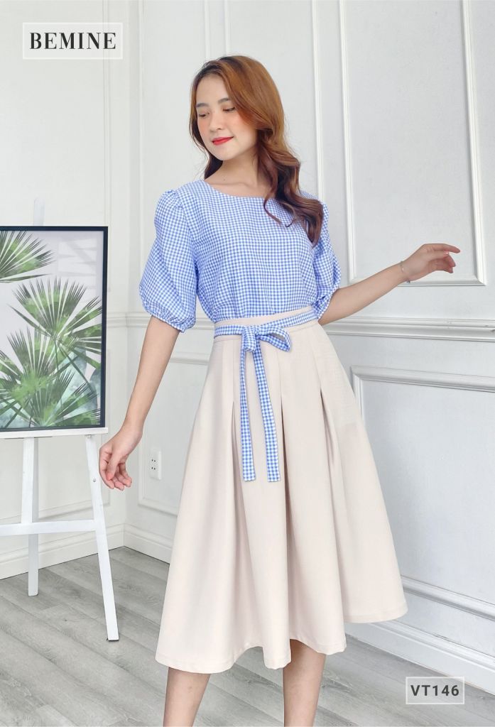 VT146DAPHOIXANH- Chân váy xòe xếp ly nơ eo