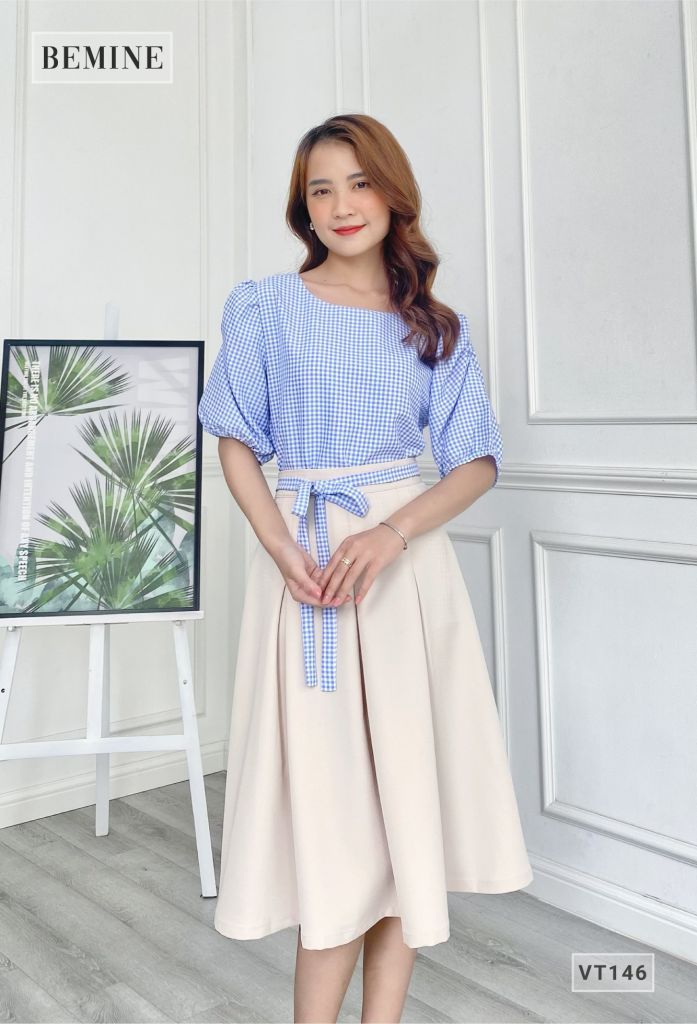 VT146DAPHOIXANH- Chân váy xòe xếp ly nơ eo