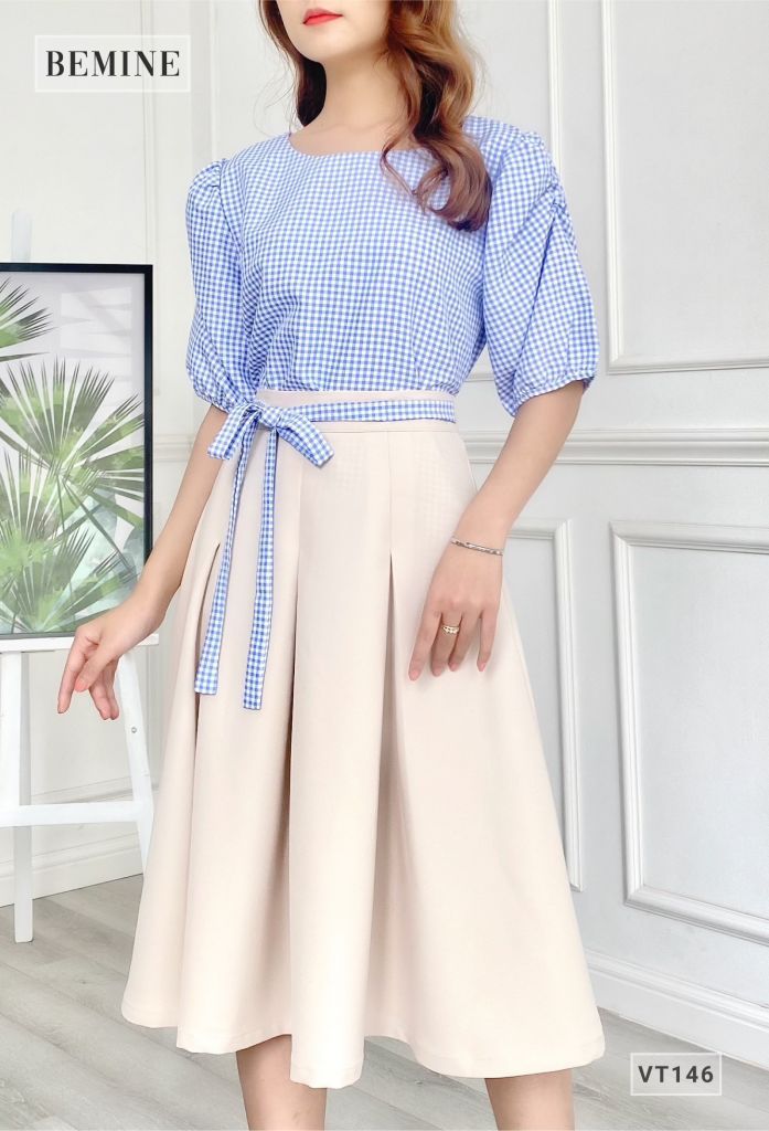 VT146DAPHOIXANH- Chân váy xòe xếp ly nơ eo