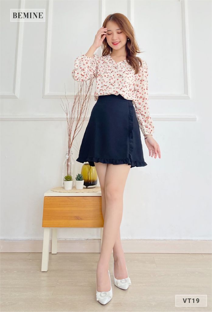 VT19DEN - Chân váy đen xếp bèo